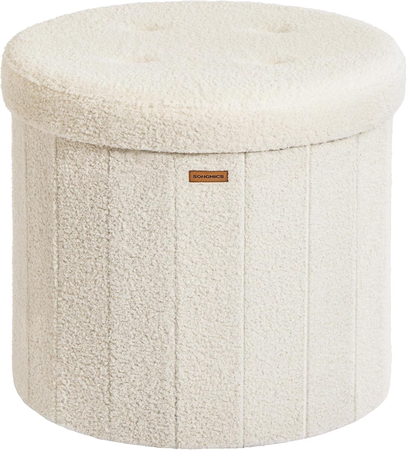 Cream Teddy Fleece Round Storage Ottoman Foldable Footstool Seat 46cm