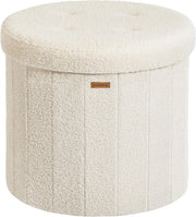 Cream Teddy Fleece Round Storage Ottoman Foldable Footstool Seat 46cm