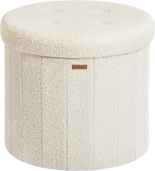 Cream Teddy Fleece Round Storage Ottoman Foldable Footstool Seat 46cm