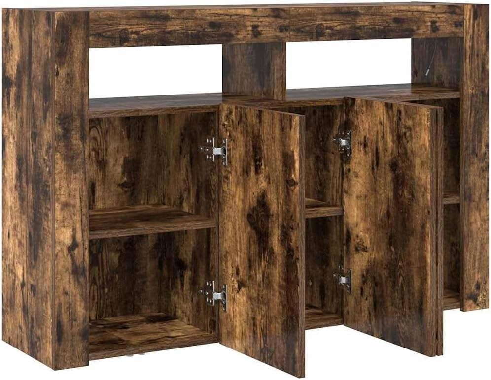 Modern Smoked Oak Sideboard with LED Lights | 8 Storage Compartments | 3 Doors