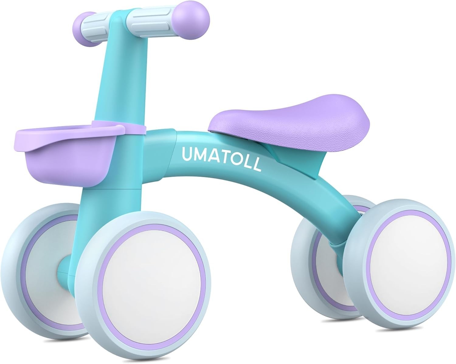 Baby Balance Bike 1 Year Old Toddler Ride On 4 Wheel Basket Purple Blue