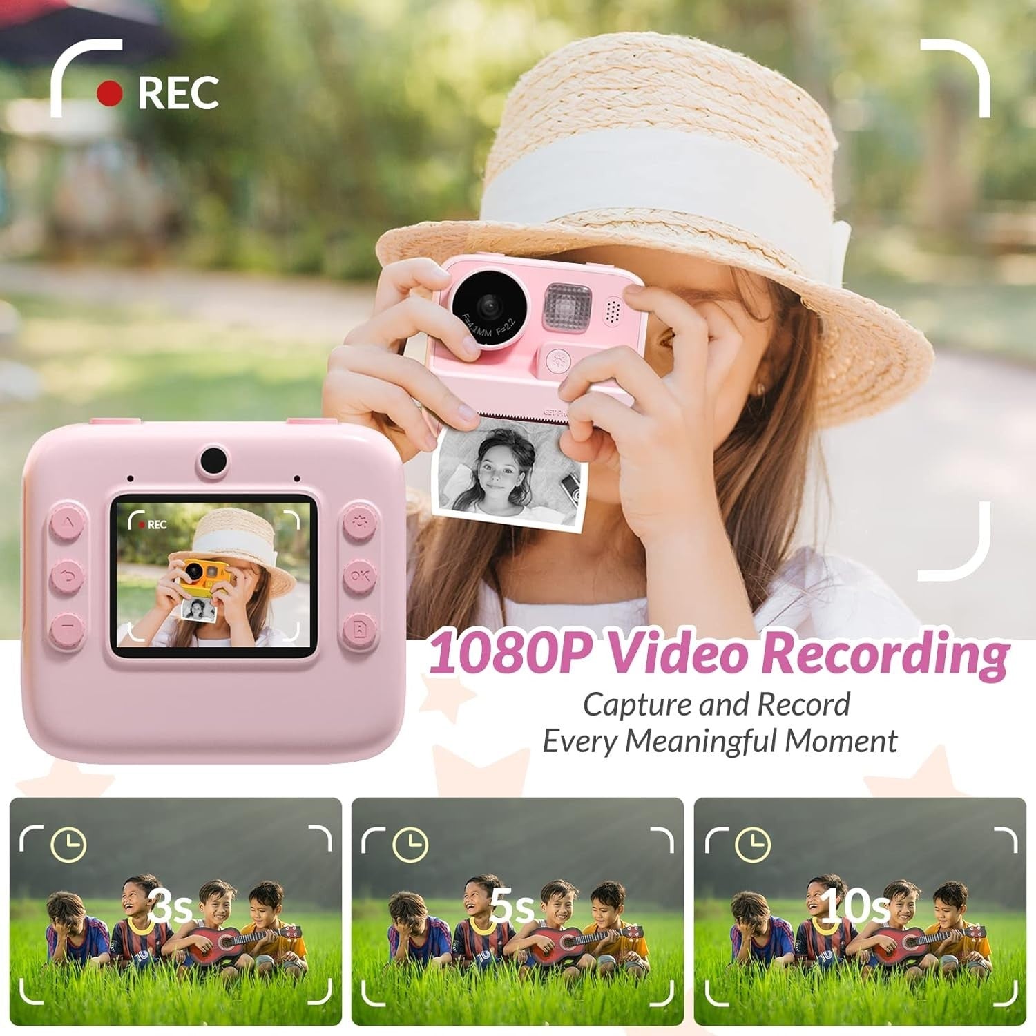 Kids Instant Print Camera 48MP Zero Ink 32GB Selfie Video Pink