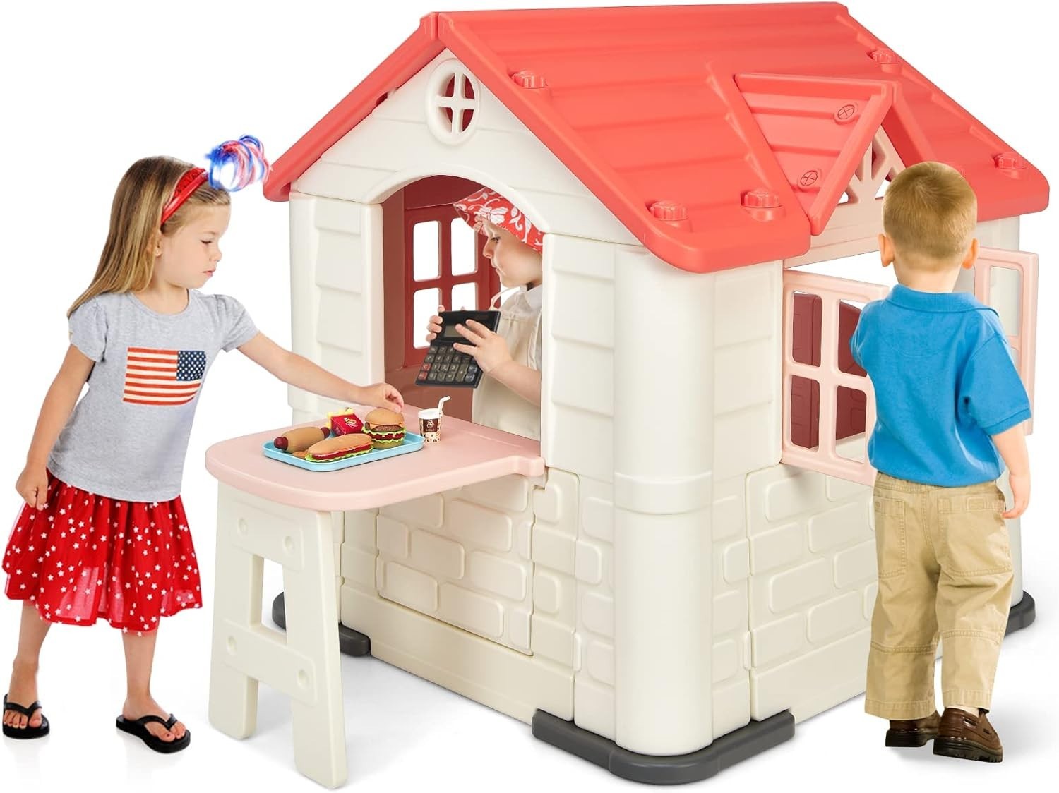 Pink Kids Outdoor Playhouse Cottage with Table Pretend Play Set