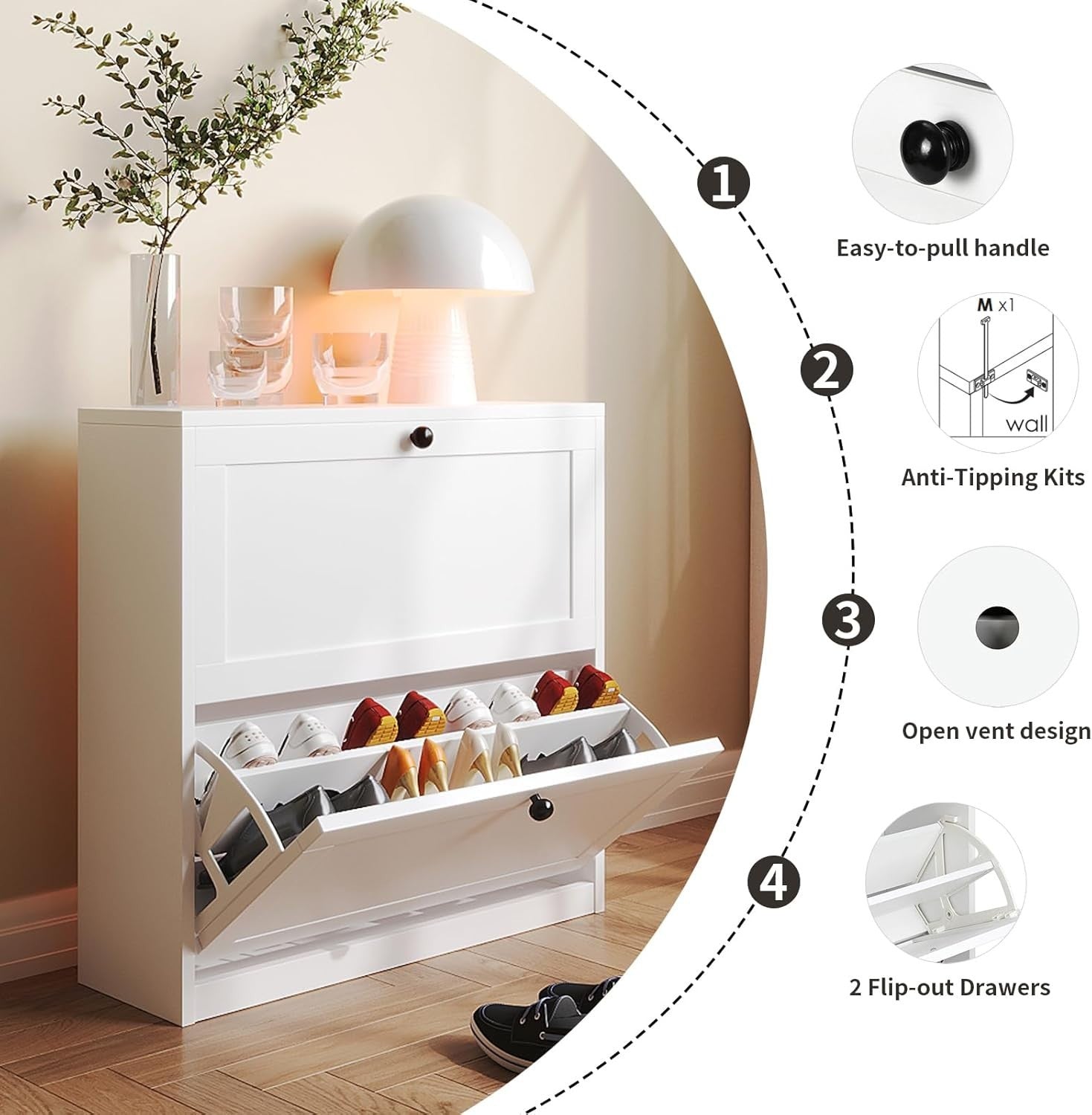 Slim 2-Drawer Vertical Shoe Cabinet with Adjustable Shelves, 80x24x80 cm White