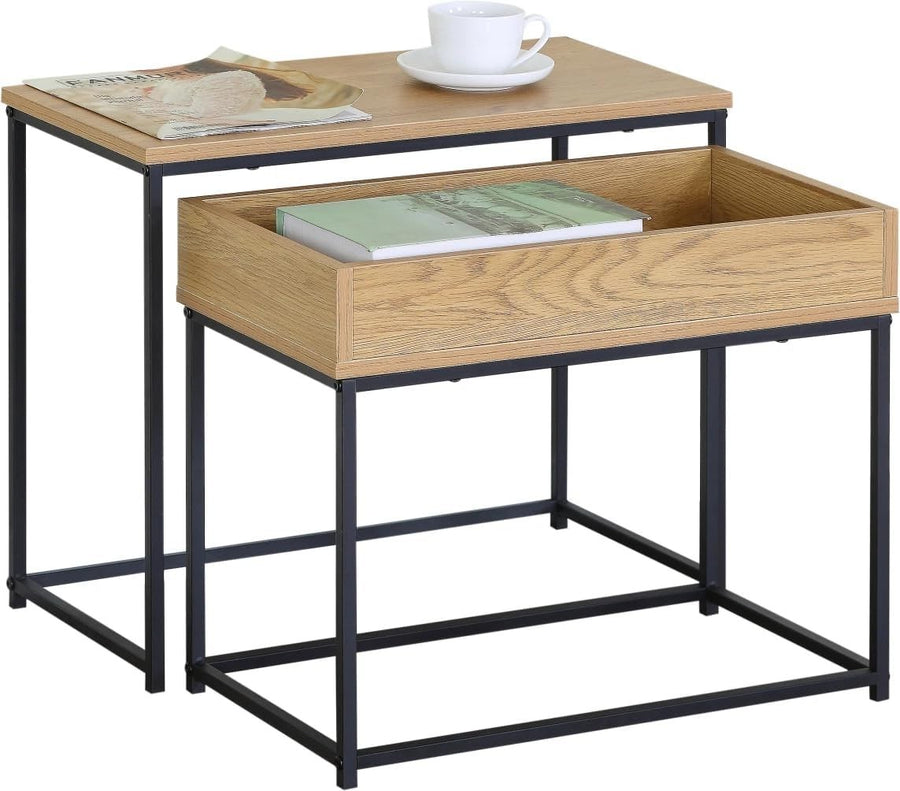 2 Nesting Side Tables Coffee Bedside Modern Steel Frame Melamine Top Black/Oak