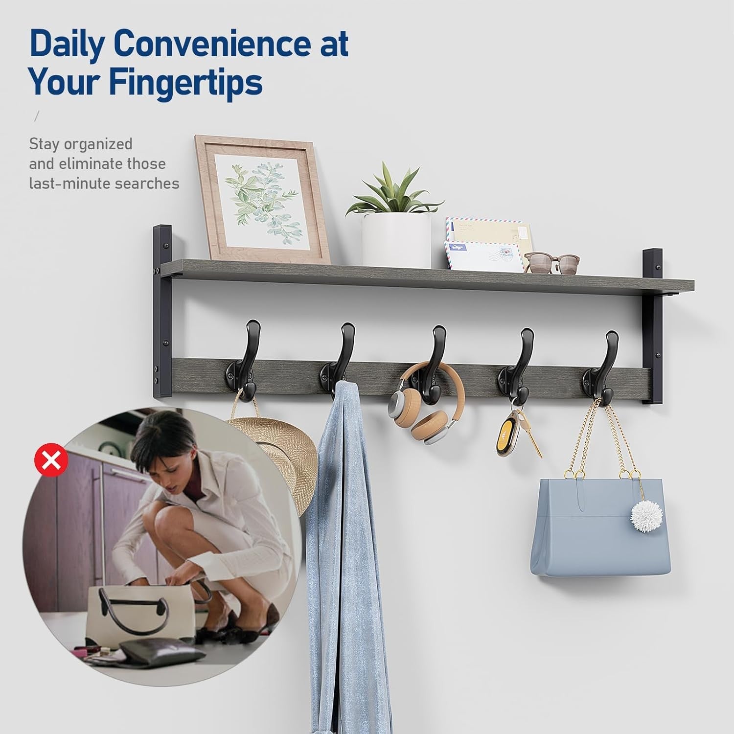 29” Rustic Dark Grey Wall Mounted Coat Rack with Shelf | 5 Hooks Entryway