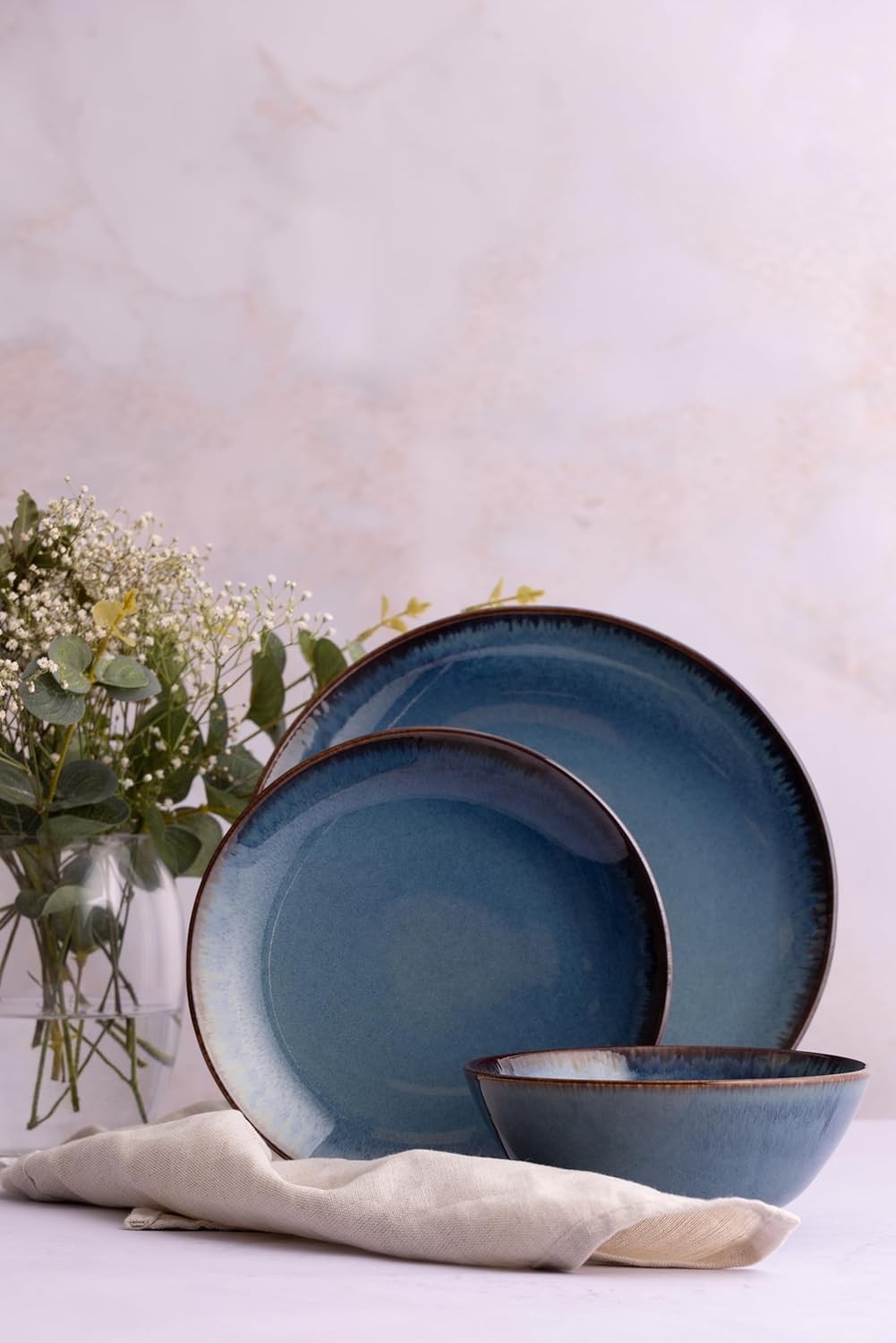 12pc Stoneware Dinner Set Blue Reactive Glaze Plates Bowls Dishwasher Safe