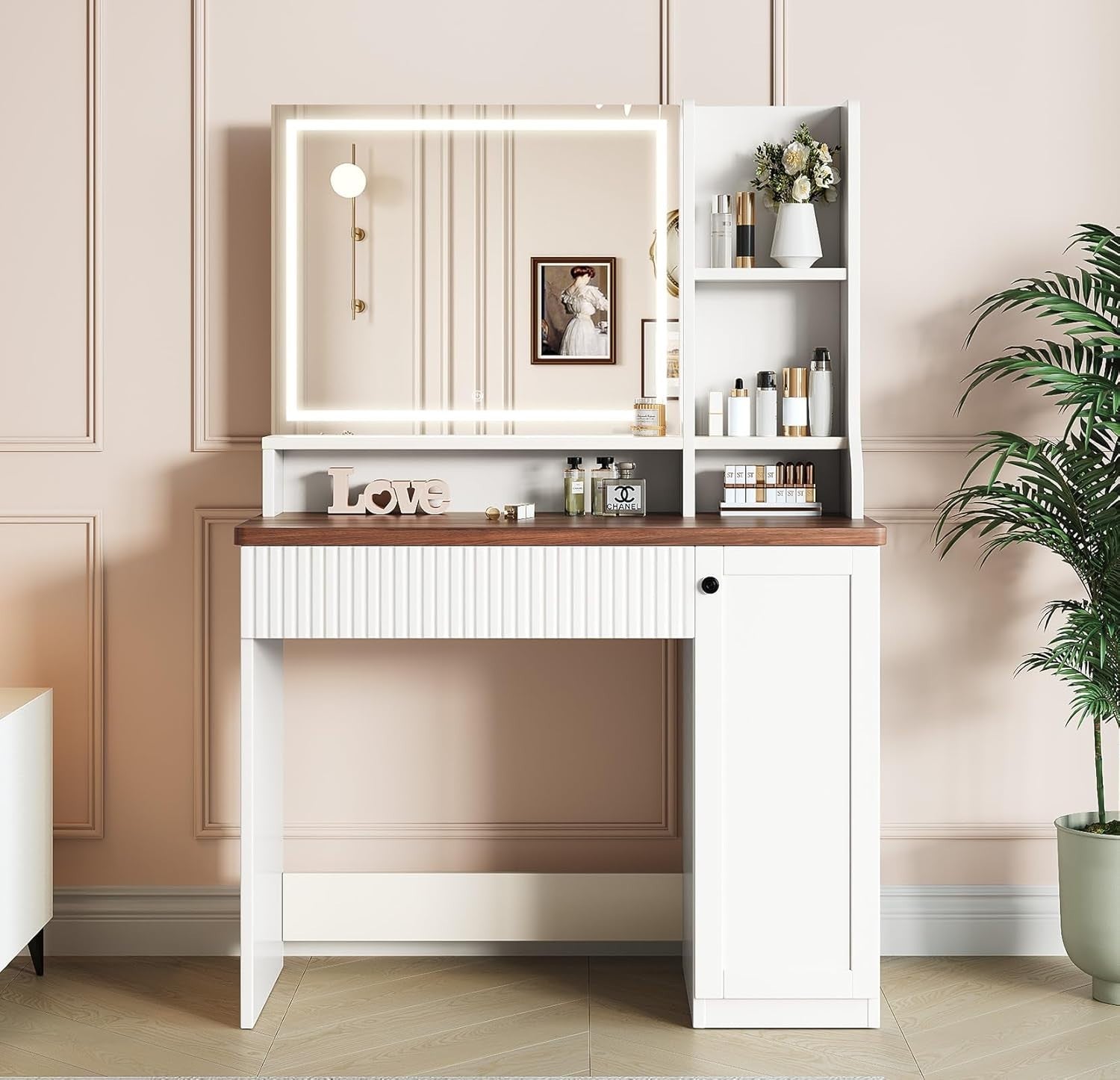 Modern Vanity Dressing Table LED Mirror Large Storage Makeup Desk Beige