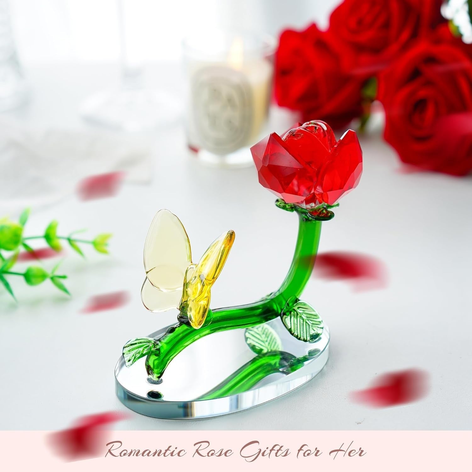 Crystal Red Rose Ornament with Butterfly • Glass Flower Gift • Romantic Decor