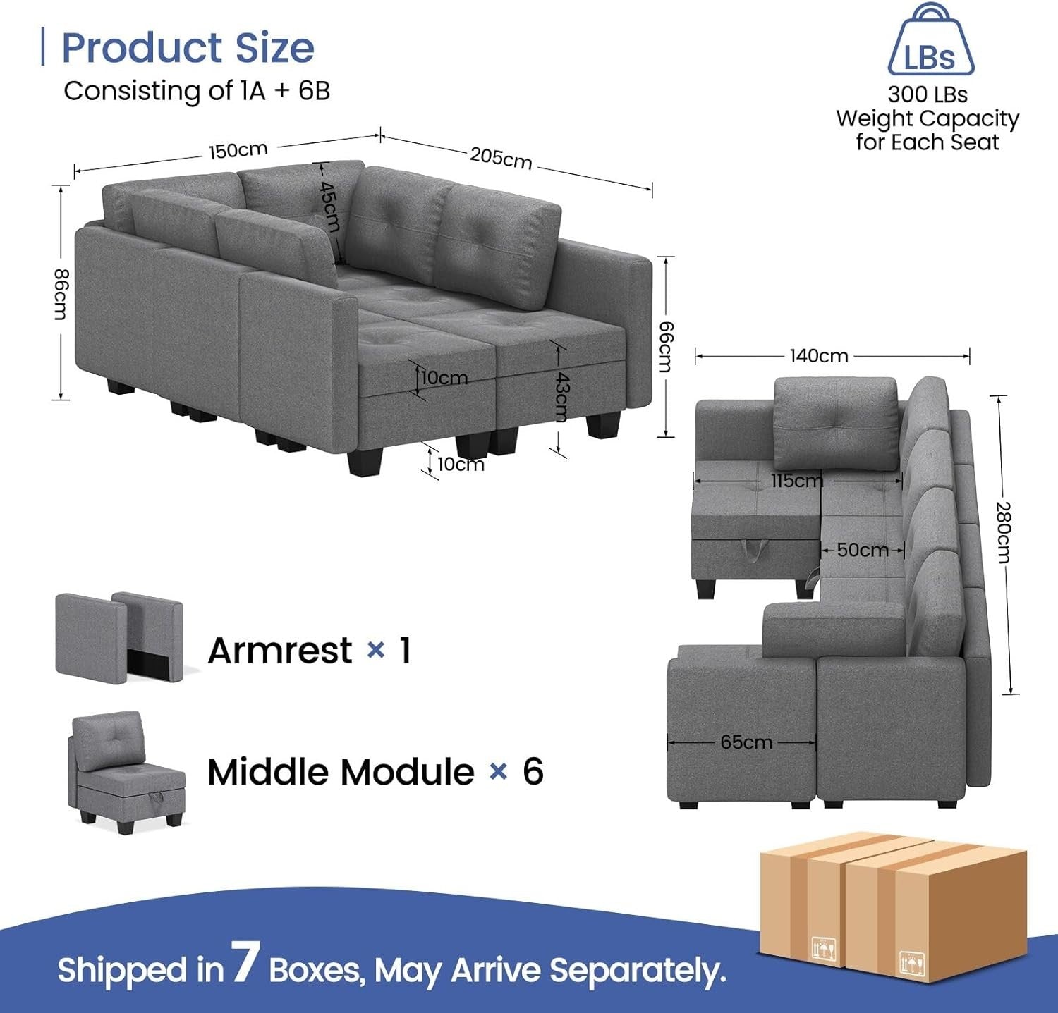 6 Seater Grey Sofa Bed L-Shaped Modular w/Storage Ottoman for Living Room