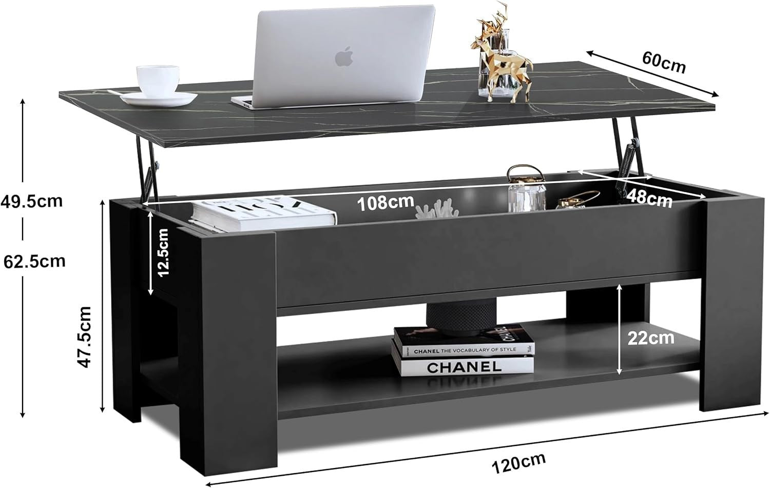 Lift Top Coffee Table with Hidden Storage & Shelf Grey Marble 120x60cm