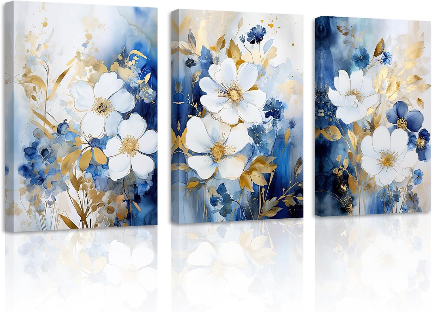 Navy Blue Floral Wall Art Set of 3 Framed 11x14in