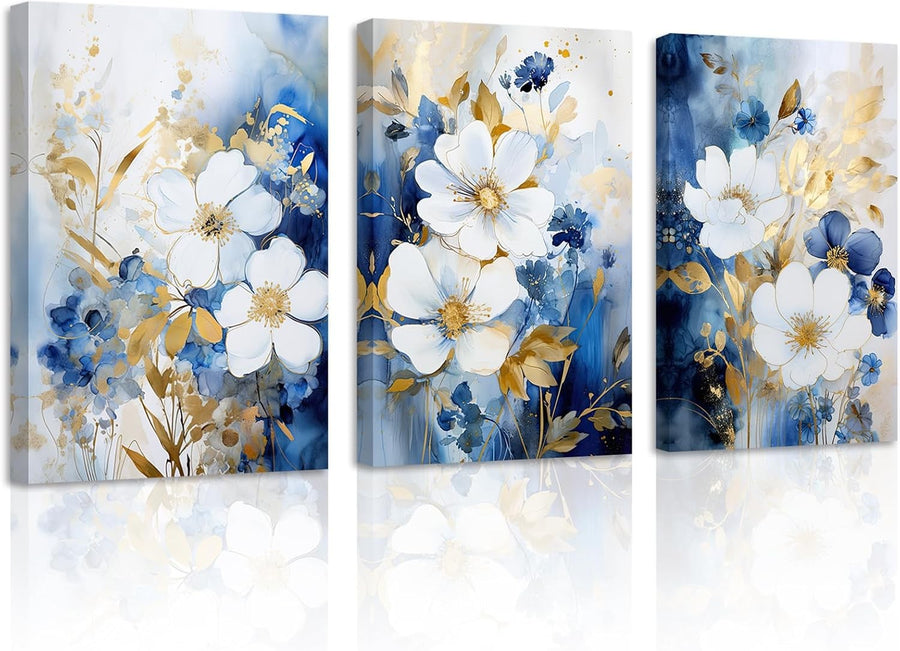 Navy Blue Floral Wall Art Set of 3 Framed 11x14in