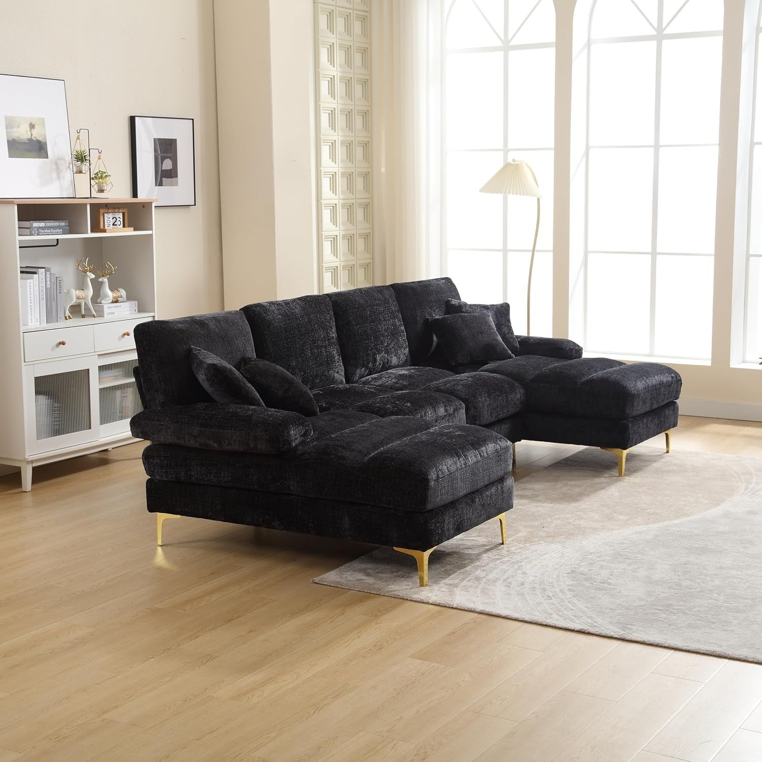 4 Seater U-Shaped Sofa Black Chenille Sectional with Double Chaise & 4 Pillows