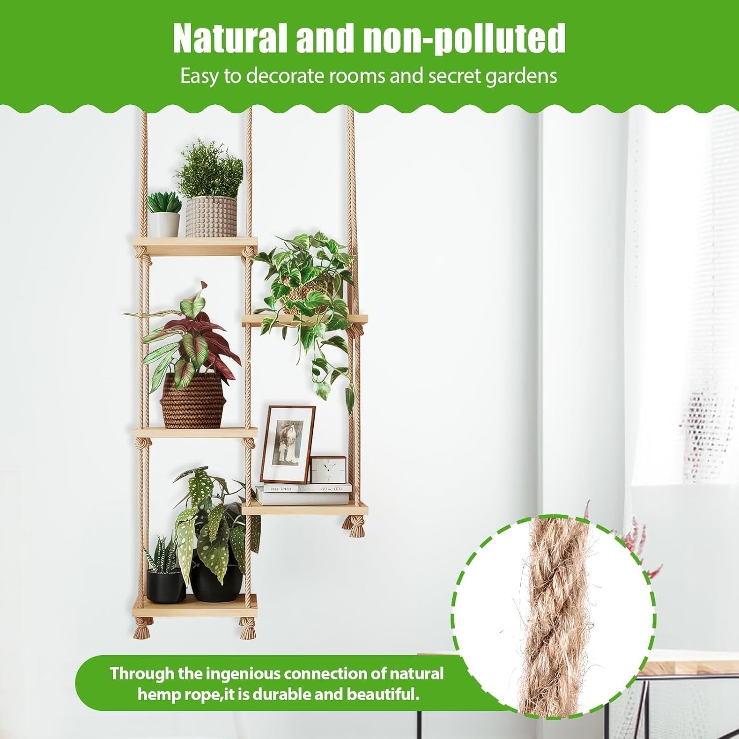 Boho Hemp Rope & Wood Hanging Shelf 5-Tier Wall Display