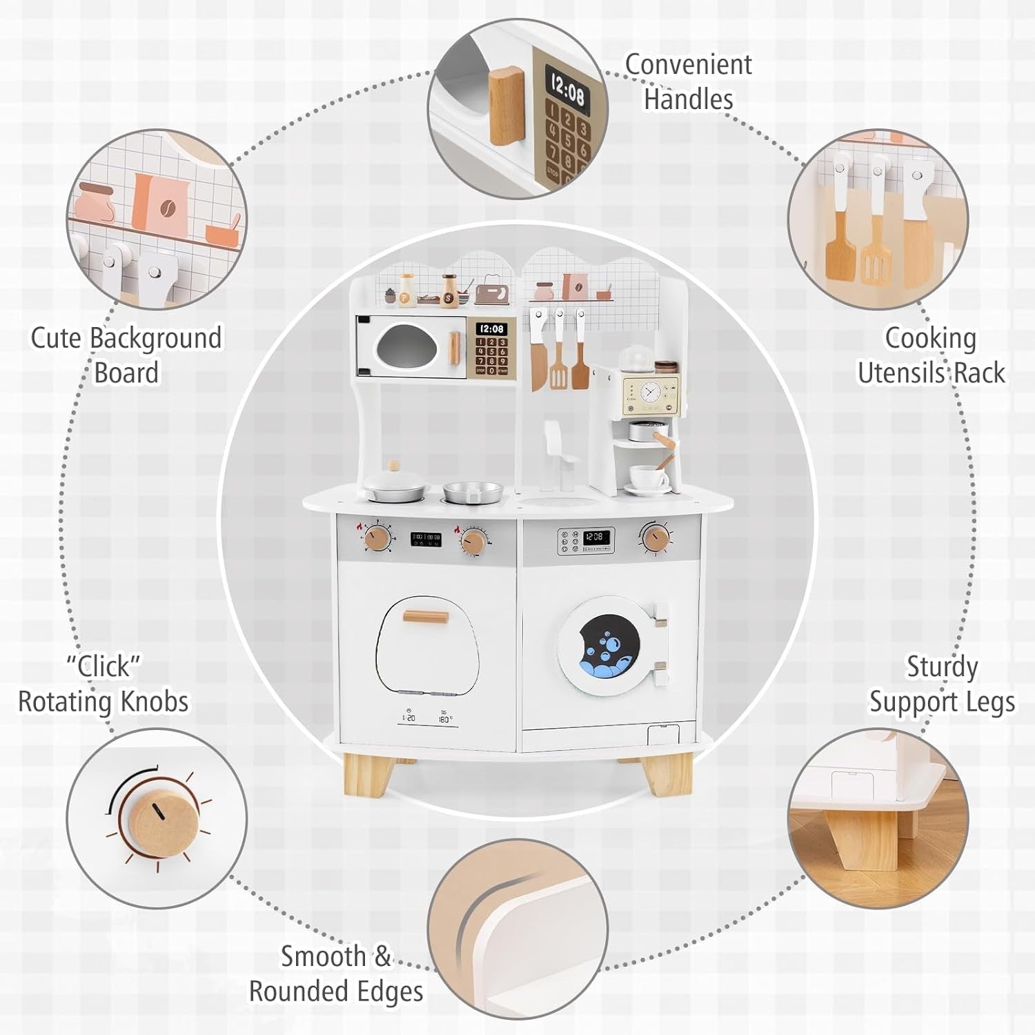 Kids Wooden Play Kitchen w/ Coffee Maker Microwave White Toy