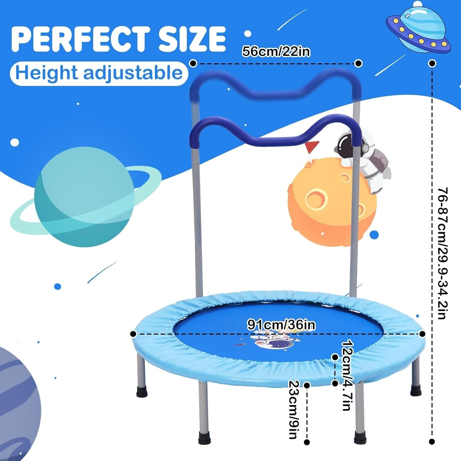 36in Kids Trampoline Adjustable Handle Foldable Indoor Outdoor Blue
