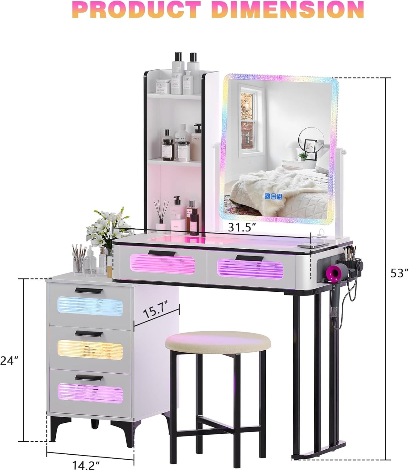 White Vanity Dressing Table Set 10 LED Lights Storage Shelf Cabinet & Gold Handl