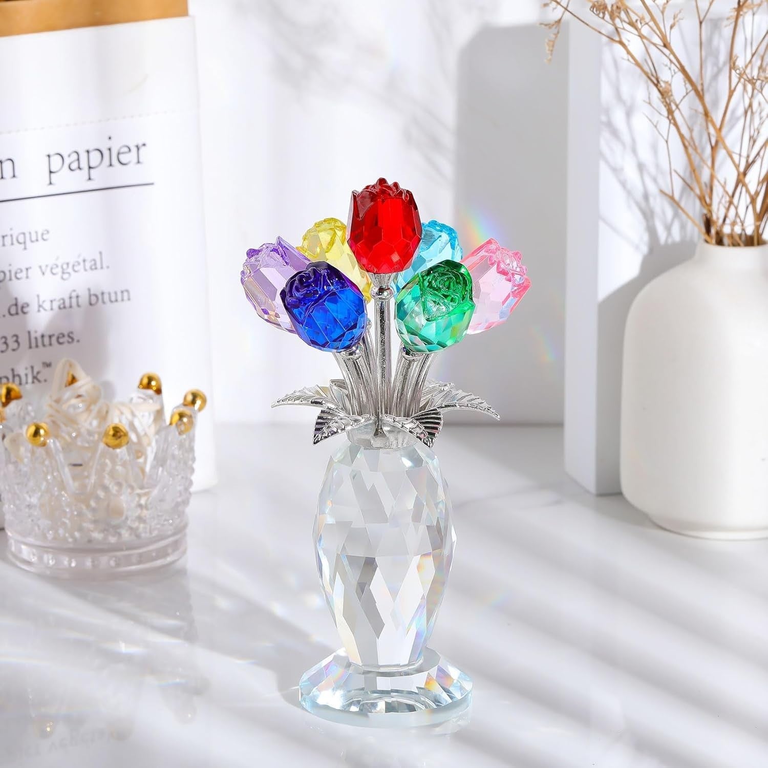 Multicolour Crystal Rose Bouquet Ornament Glass Flower Figurine Gift Decor