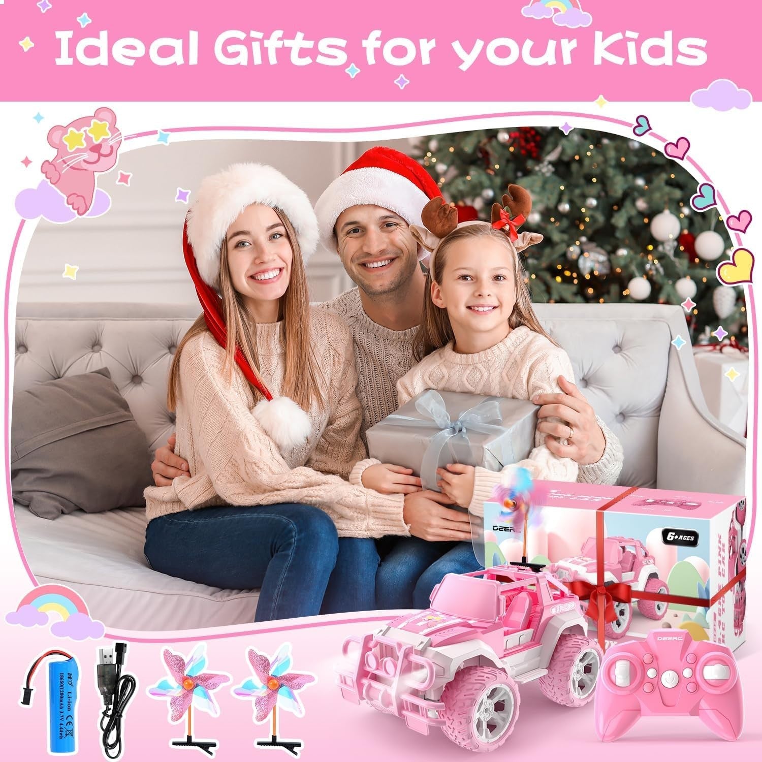 Pink RC Jeep Car for Girls 3 4 5 6 7 8+, 1:18 Remote Control Truck w/ LED Lights
