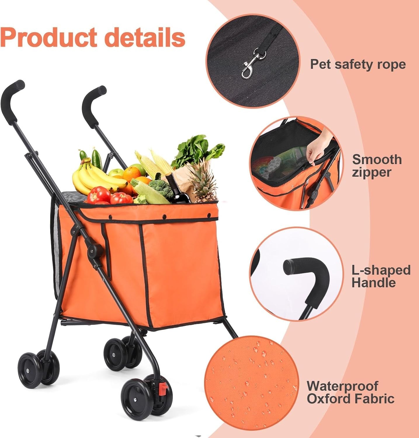 Orange Foldable Pet Stroller Shopping Cart 60lb Heavy Duty Utility Wagon