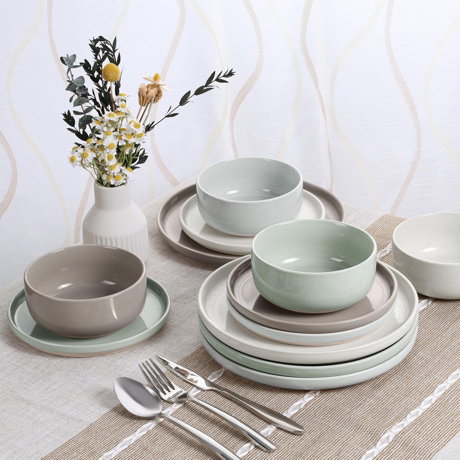 12pc Stoneware Dinnerware Set Plates Bowls Speckled Multicolor for 4