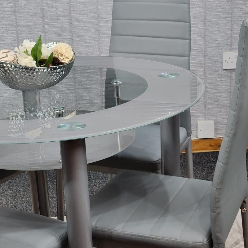 Round Grey Glass Dining Table Set with 4 Faux Leather Chairs Modern