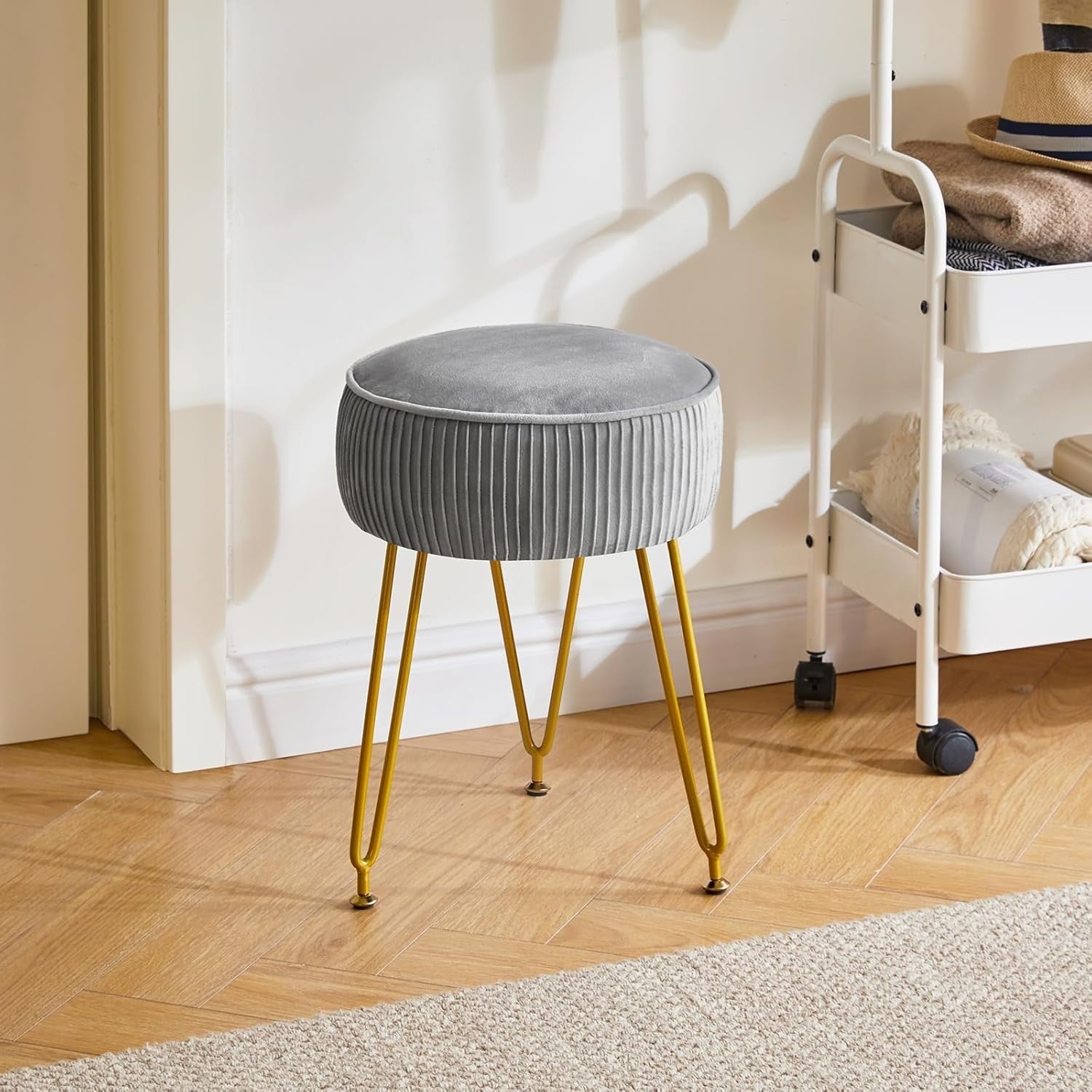 Gray Round Velvet Footrest Ottoman – Makeup Vanity Stool with Gold Legs