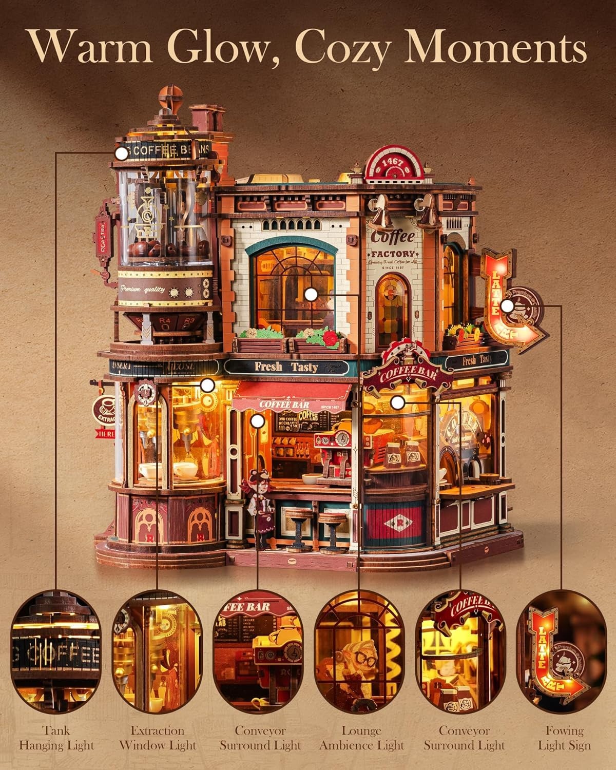 3D Wooden Coffee Factory Puzzle Kit Moving Model Lights Music Decor