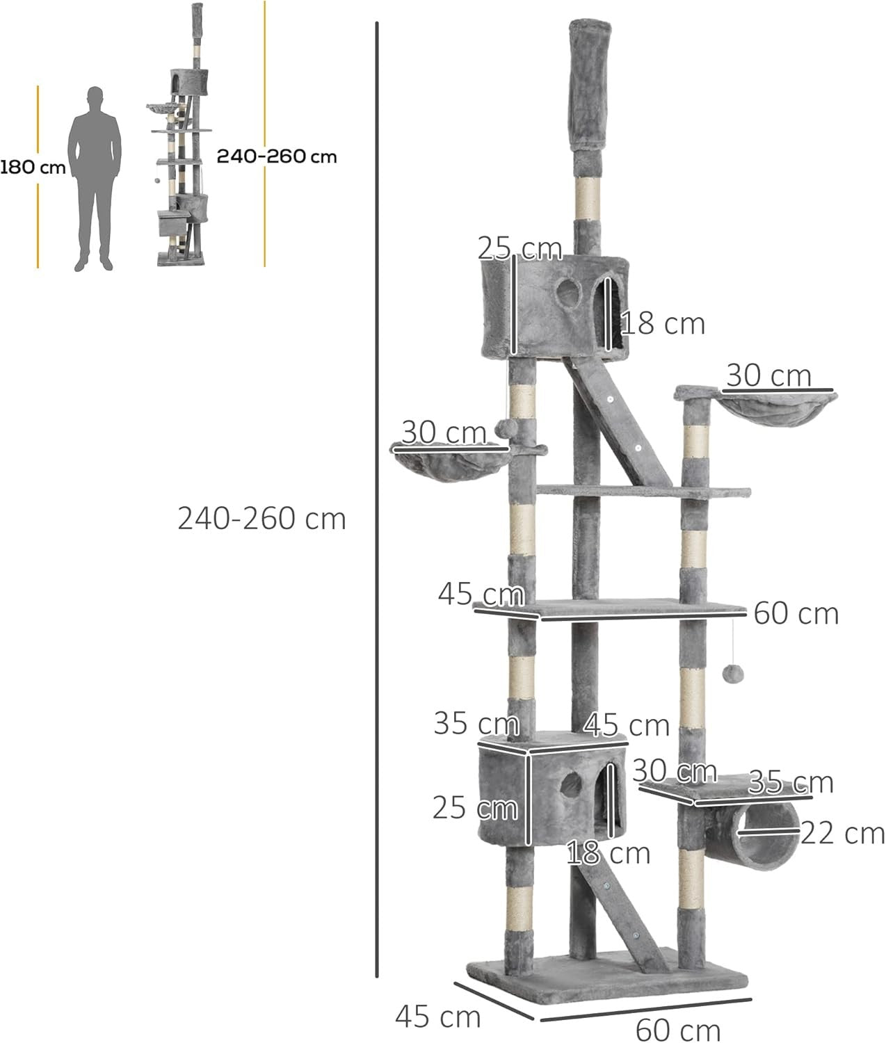 Floor to Ceiling Cat  260cm Adjustable Tower with Hammocks Scratching Posts