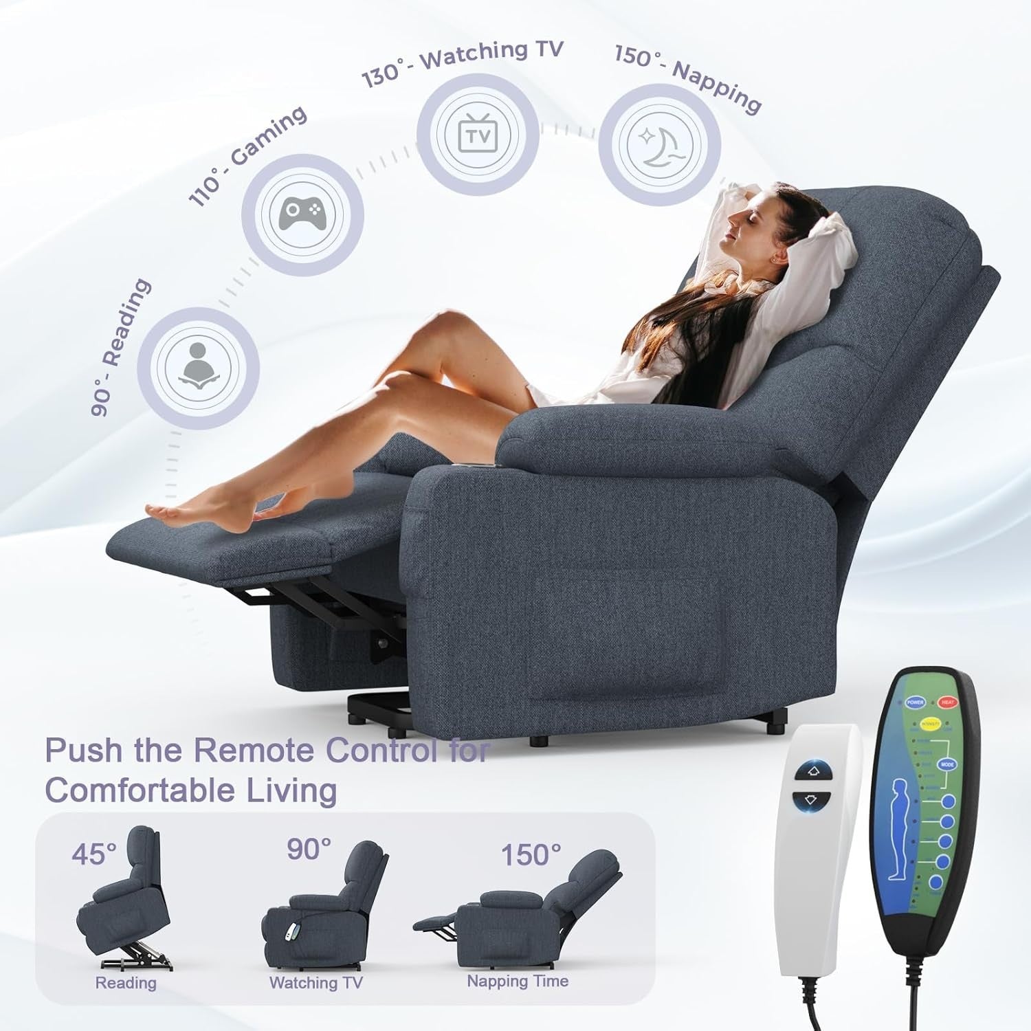 Electric Lift Recliner Chair Oversized Massage Heat USB Type-C Dark Blue Sofa