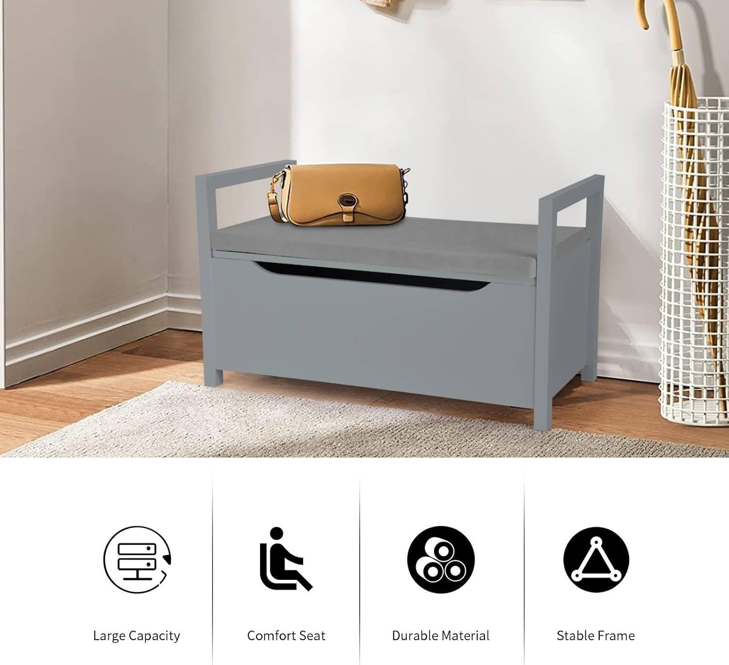 Shoe Bench with Cushion Seat Storage Shelf & Side Handle Modern Hallway Unit