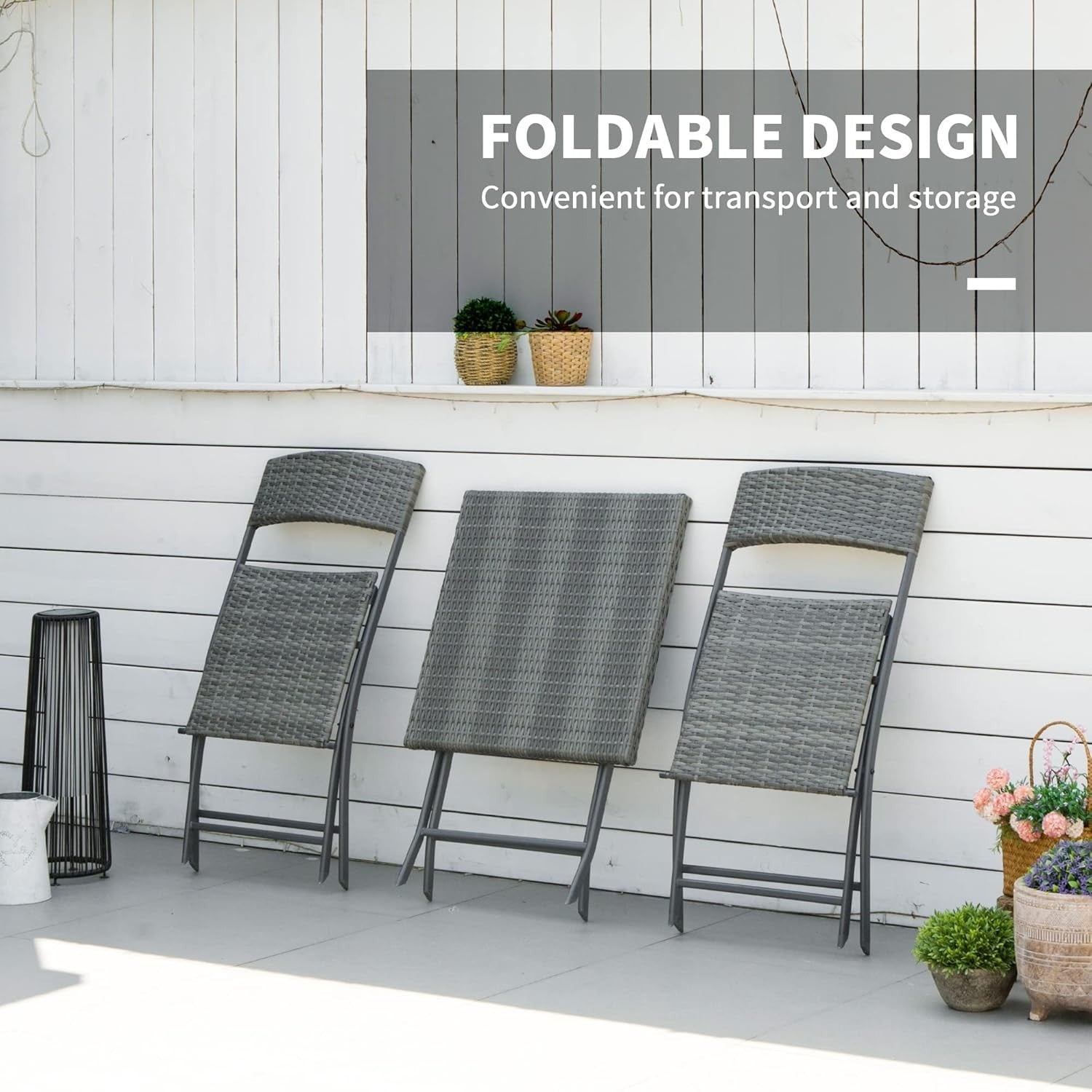 3 Piece Folding Rattan Bistro Set Patio Table Chairs Balcony Garden