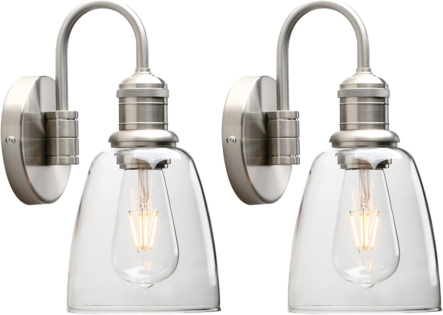 Vintage Industrial Glass Wall Sconce Lights, Clear Shade, Brushed Metal