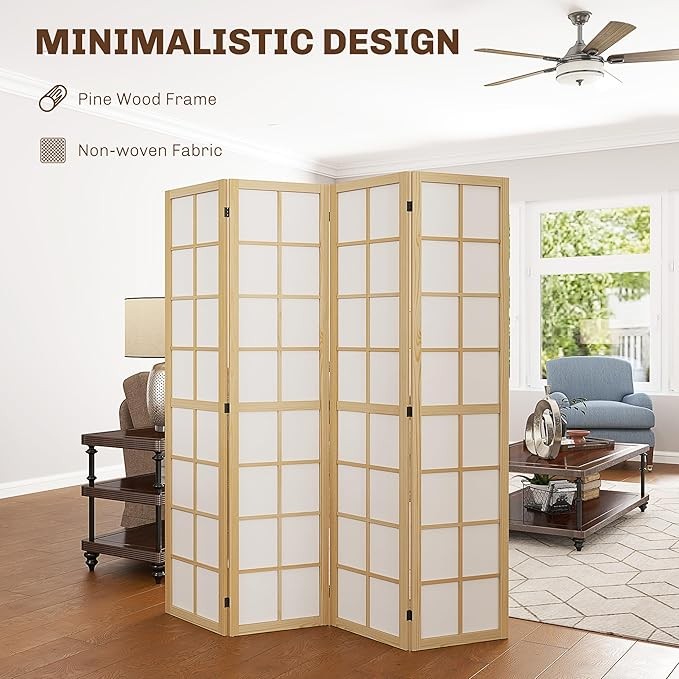 Natural Wood 4 Panel Folding Room Divider – Freestanding Japanese Privacy Screen
