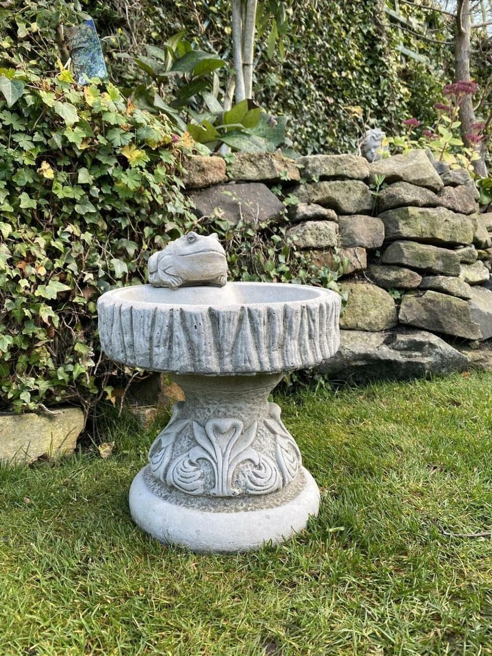 Round Stone Bird Bath with Frog | Hand Finished Garden Ornament Sculpture