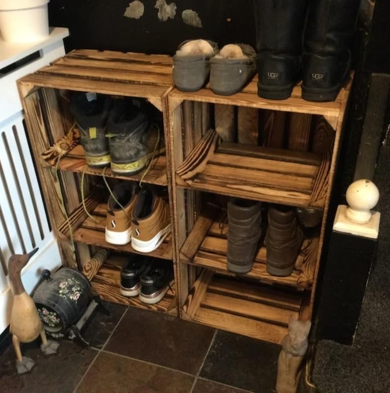 2 x Burnt Effect Wooden Crate with 2-Tier Shelf 40x30x75cm Rustic