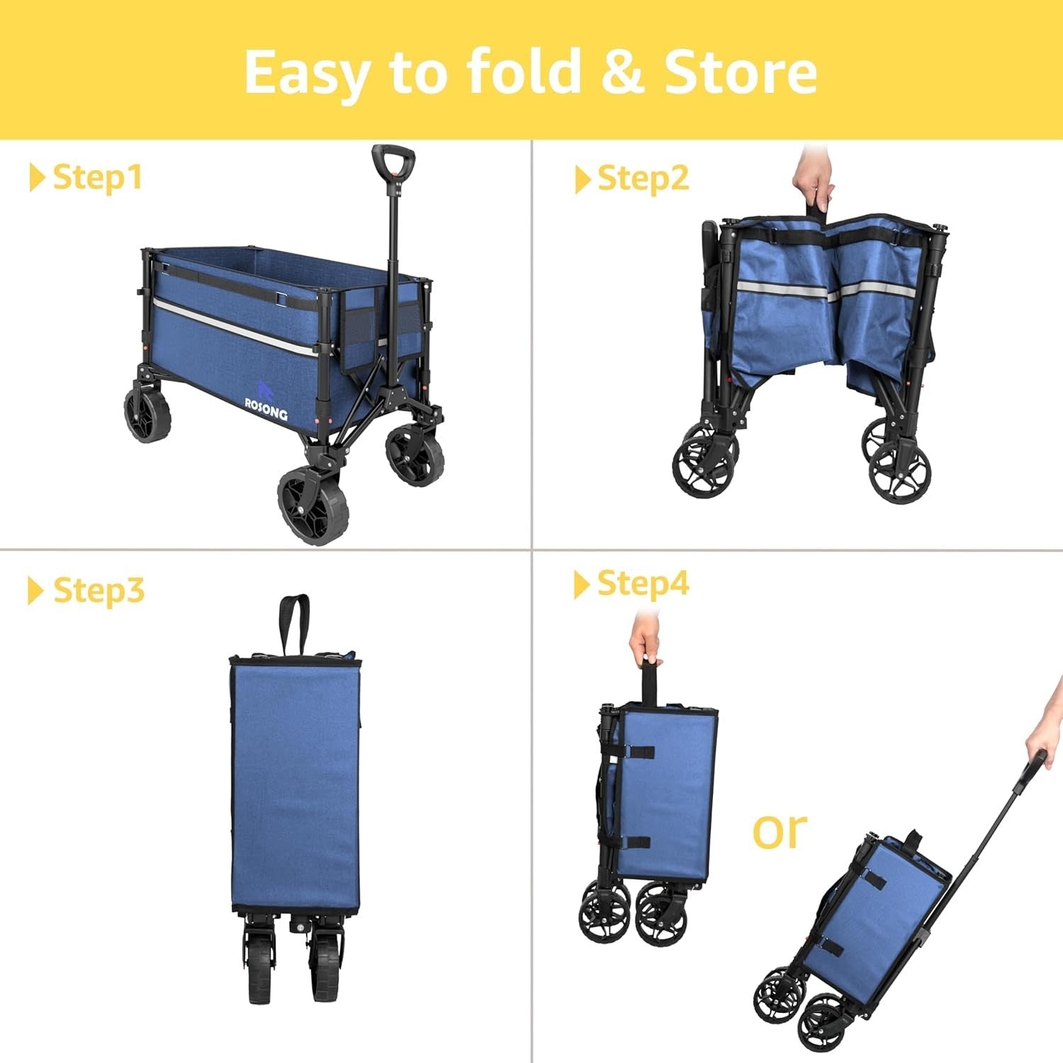 Collapsible Heavy Duty Folding Wagon Cart with Wheels Utility Trolley Navy Blue