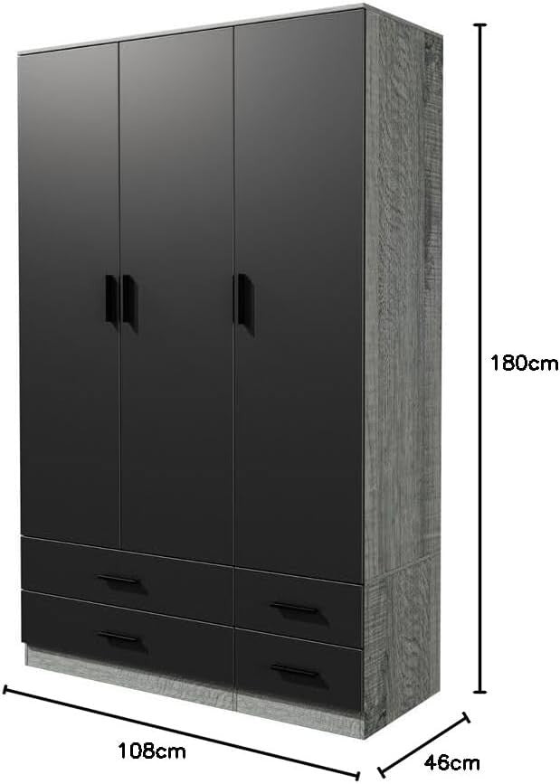 3 Door 4 Drawer Wardrobe Hanging Rail Storage Grey & Black Bedroom Unit
