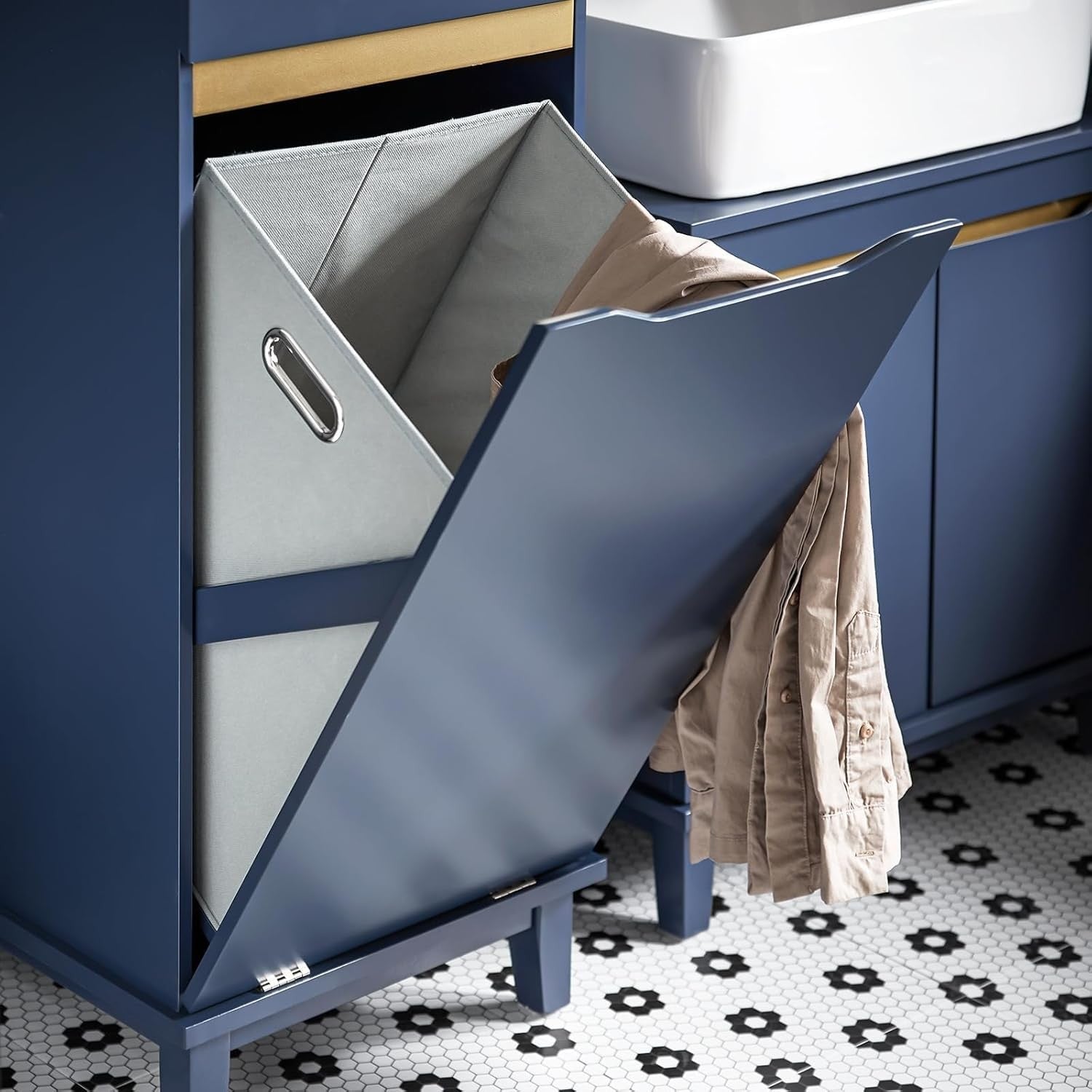 Slim Bathroom Laundry Cabinet with Fold Out Basket Drawer Storage Blue