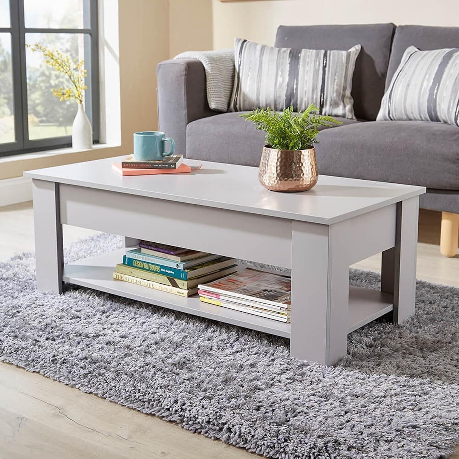 Lift Top Grey Coffee Table 100x50cm with Hidden Storage & Shelf Modern