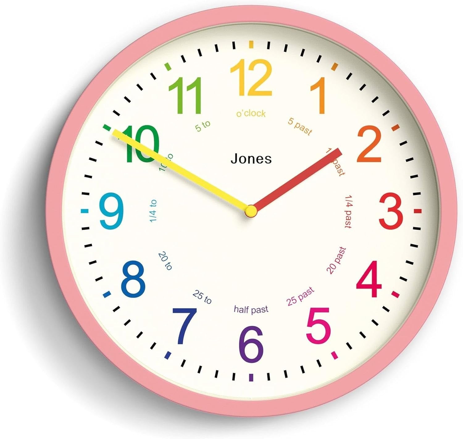 25cm Kids Wall Clock Pink – Silent Non-Ticking Colourful Numbers Learn Time