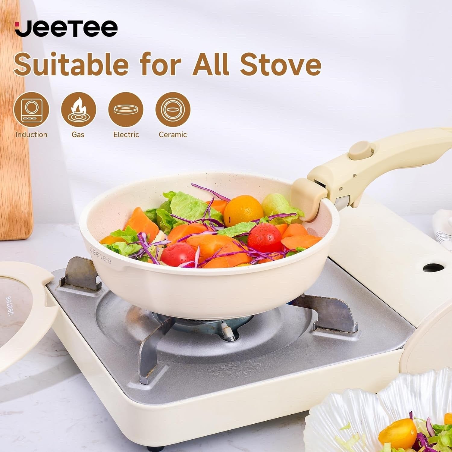 25pcs Beige Non Stick Cookware Set Induction Pots & Pans with Detachable Handles