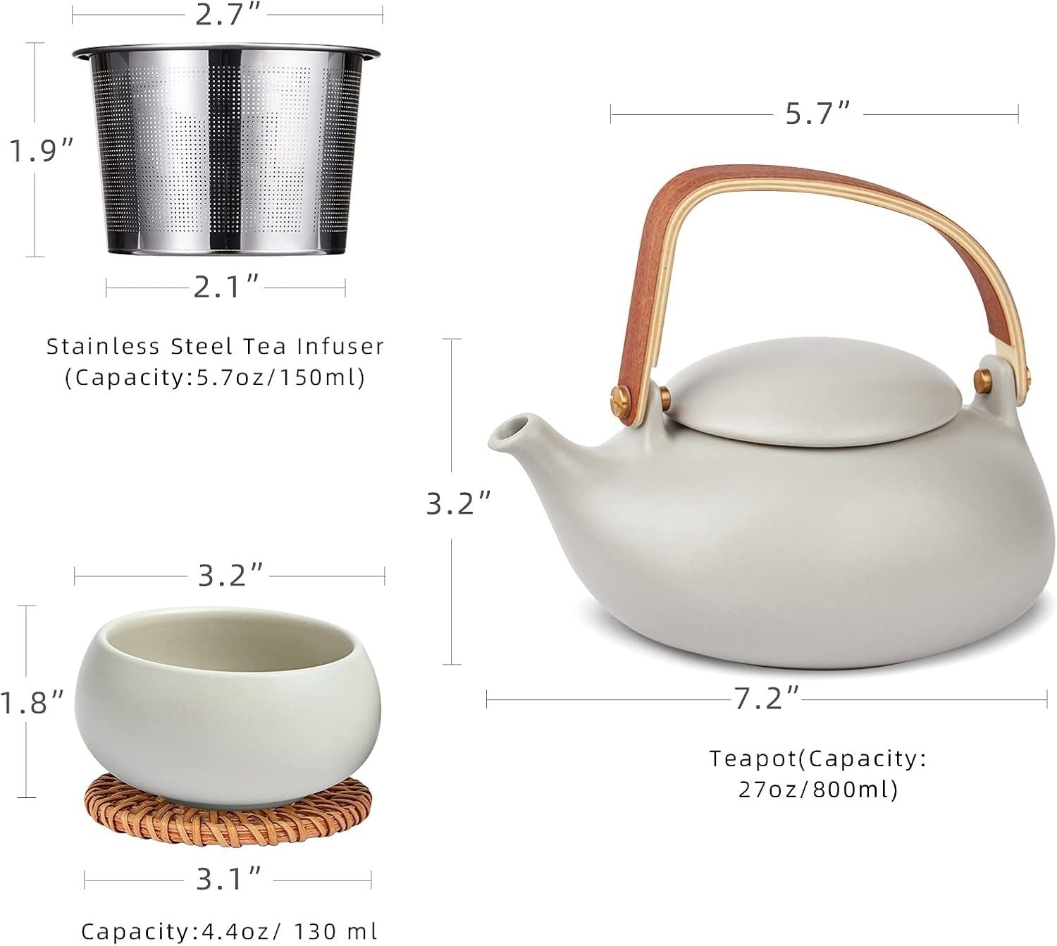 Japanese Tea Set 800ml Ceramic Teapot 4 Cups Infuser Wood Handle Grey
