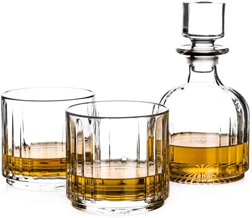 Crystal Whisky Decanter Set 3pc Stackable Glasses & 585ml Decanter Gift Box