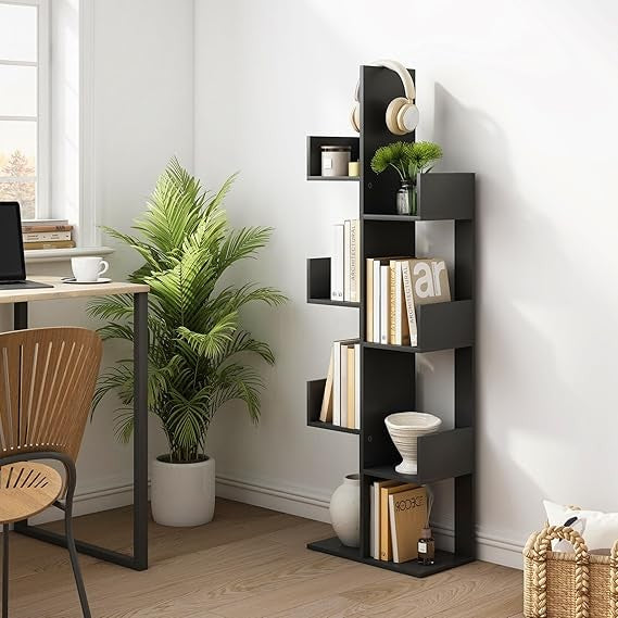 8-Tier Modern Tall Bookcase – Slim S-Shaped Display Shelf for Bedroom Living