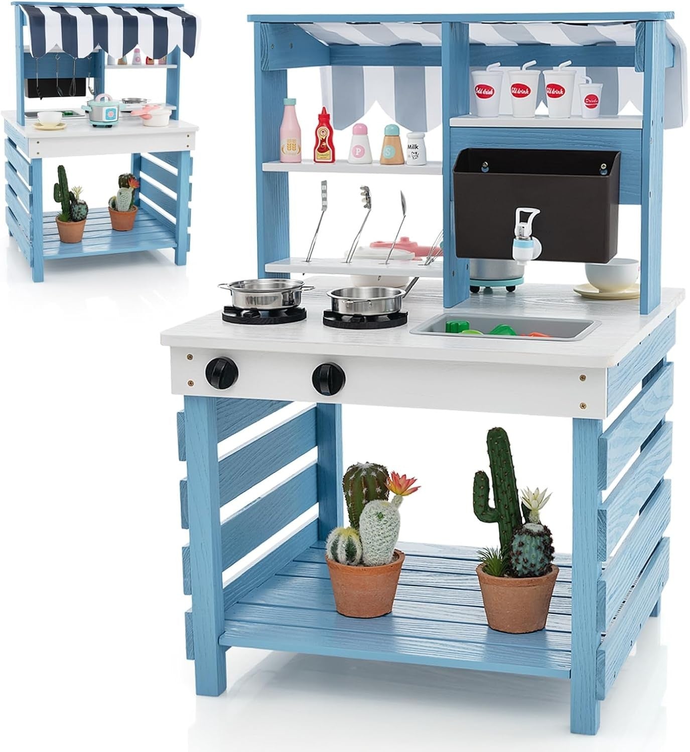 Outdoor Wooden Mud Kitchen Kids Play Cooker Grocery Stand Toy Set