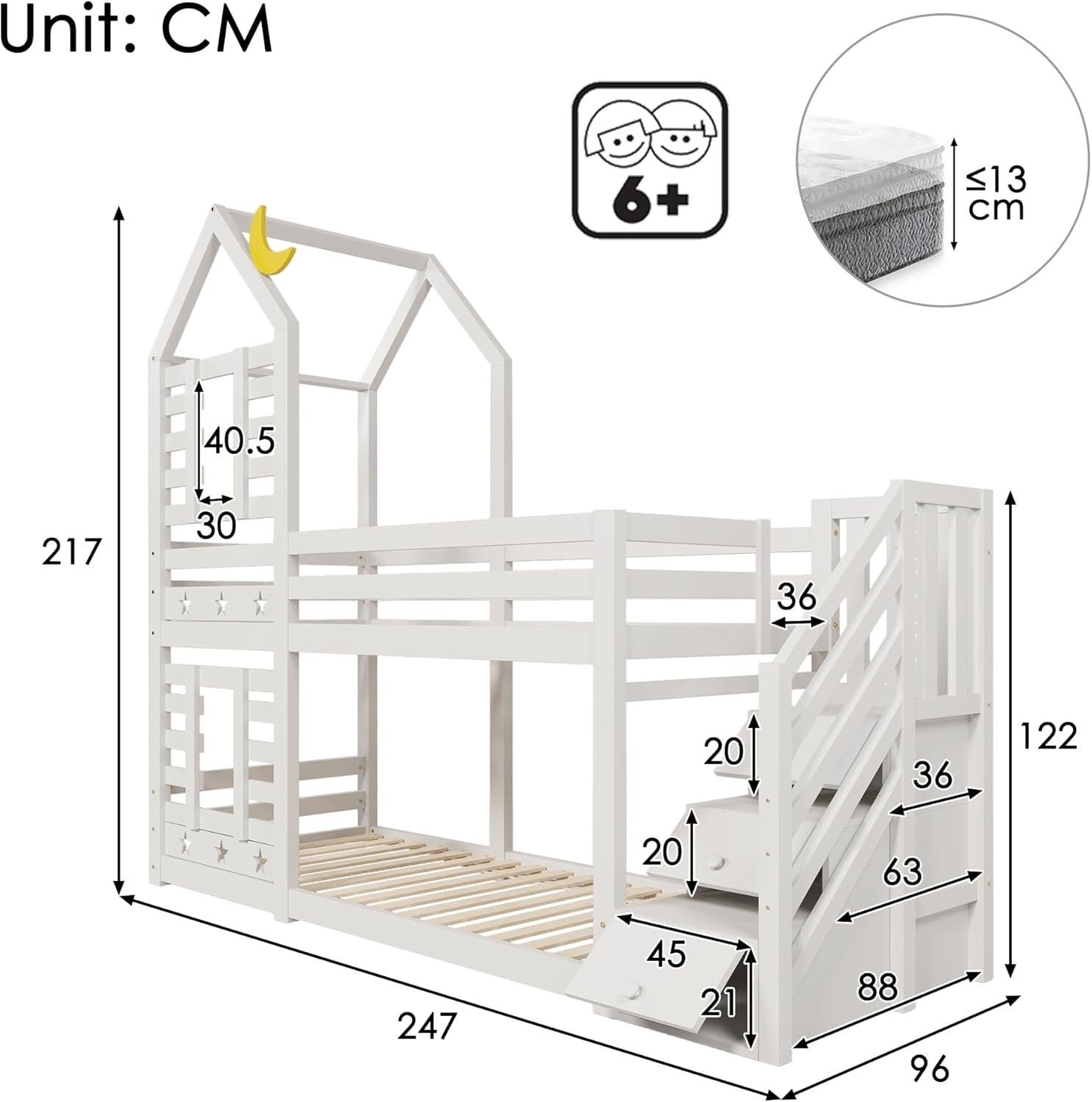 Kids Pine Bunk Bed with Stairs, Storage, Cabin Style Twin Sleeper 190x90cm
