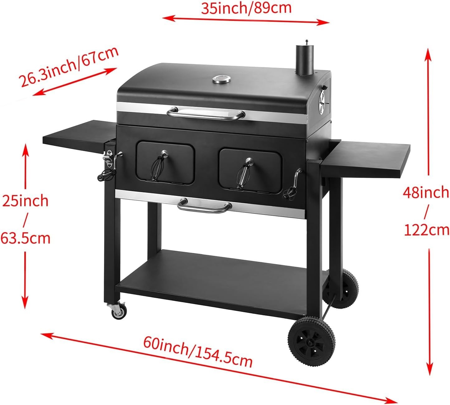 Large Charcoal BBQ Grill with Dual Adjustable Trays & Temperature Gauge