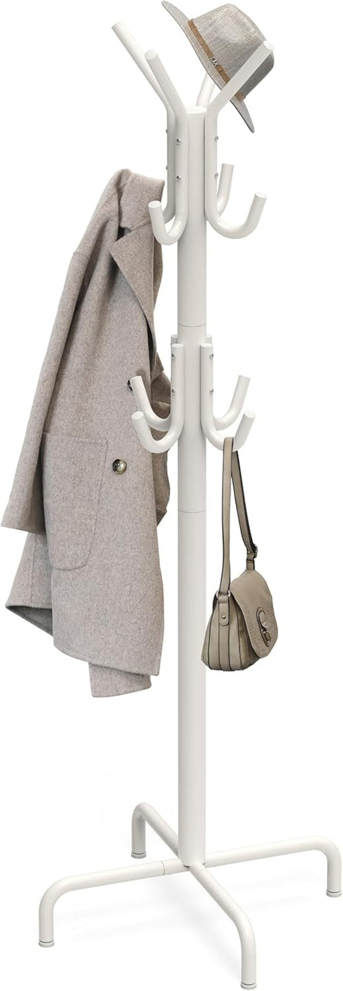 White Metal Standing Coat Rack | 12 Hook Freestanding Clothes & Hat Organizer